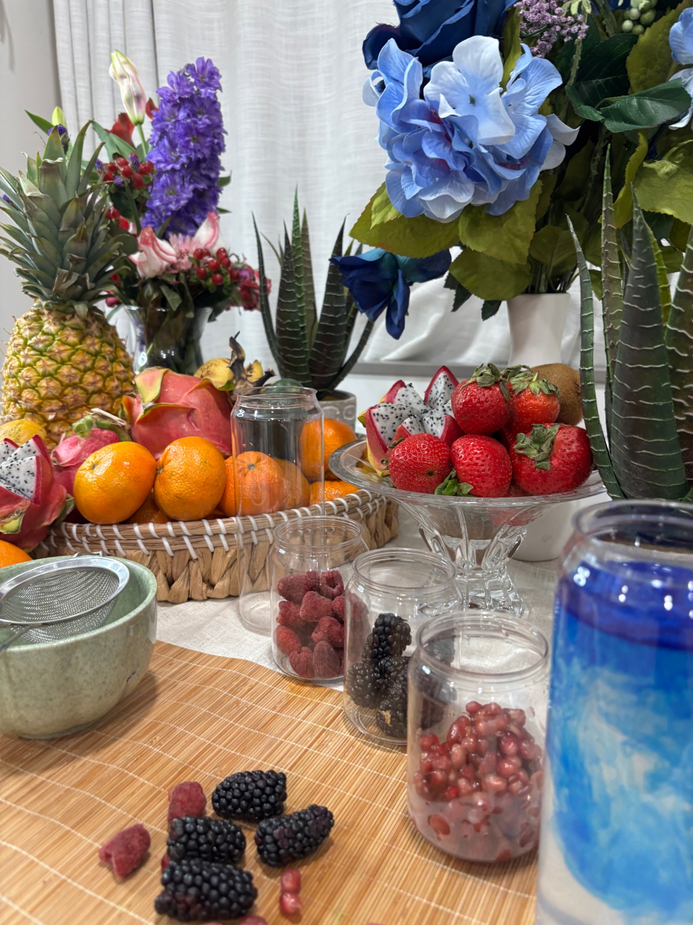Fresh fruit and flowers spread