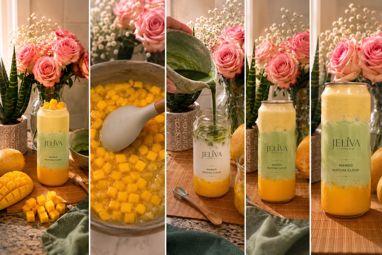 Mango Matcha Cloud collage with process and final drink