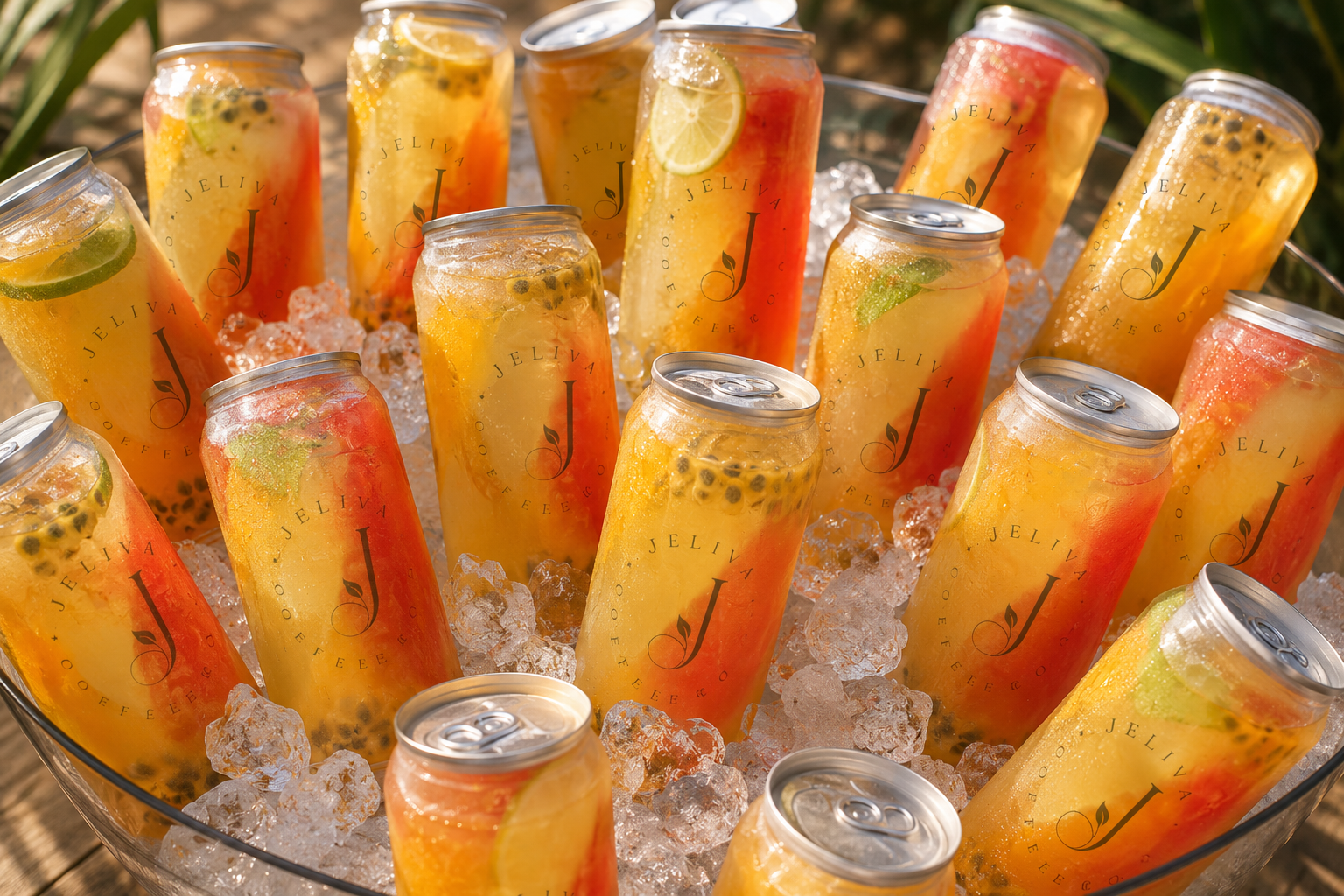 Jeliva tropical cans displayed on ice outdoors