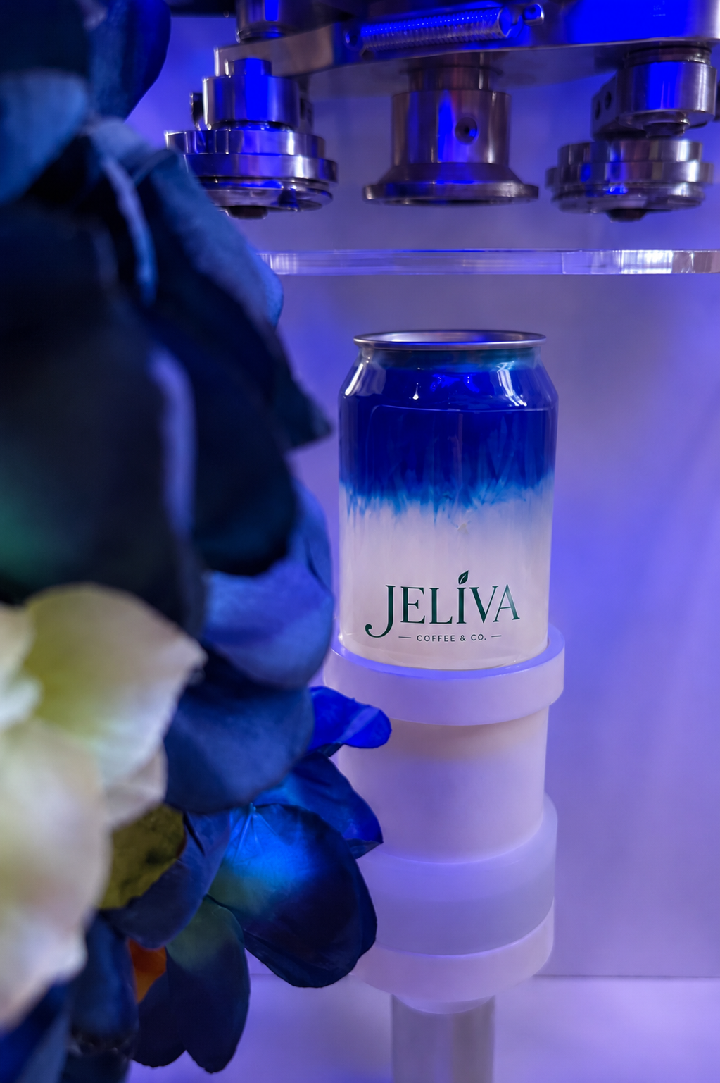 Blue Jeliva can being sealed under blue lighting
