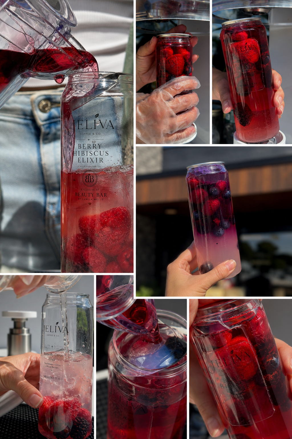Berry Hibiscus Elixir collage with assembly and final drink