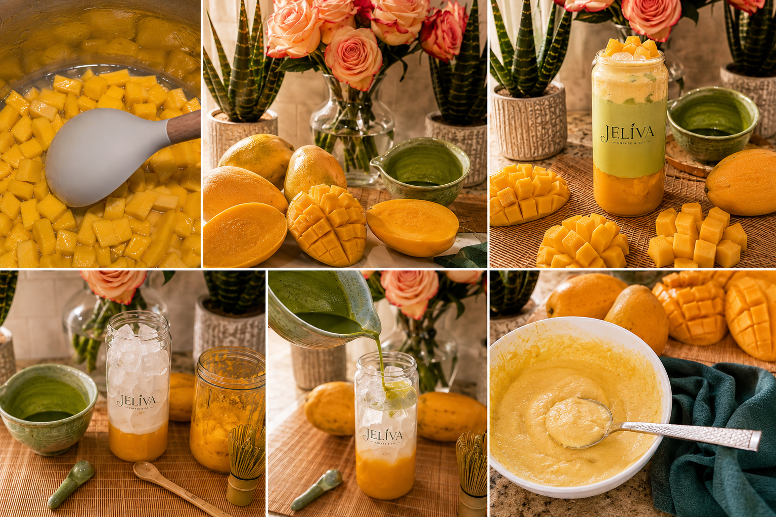 Mango Matcha Cloud recipe collage with ingredients and preparation
