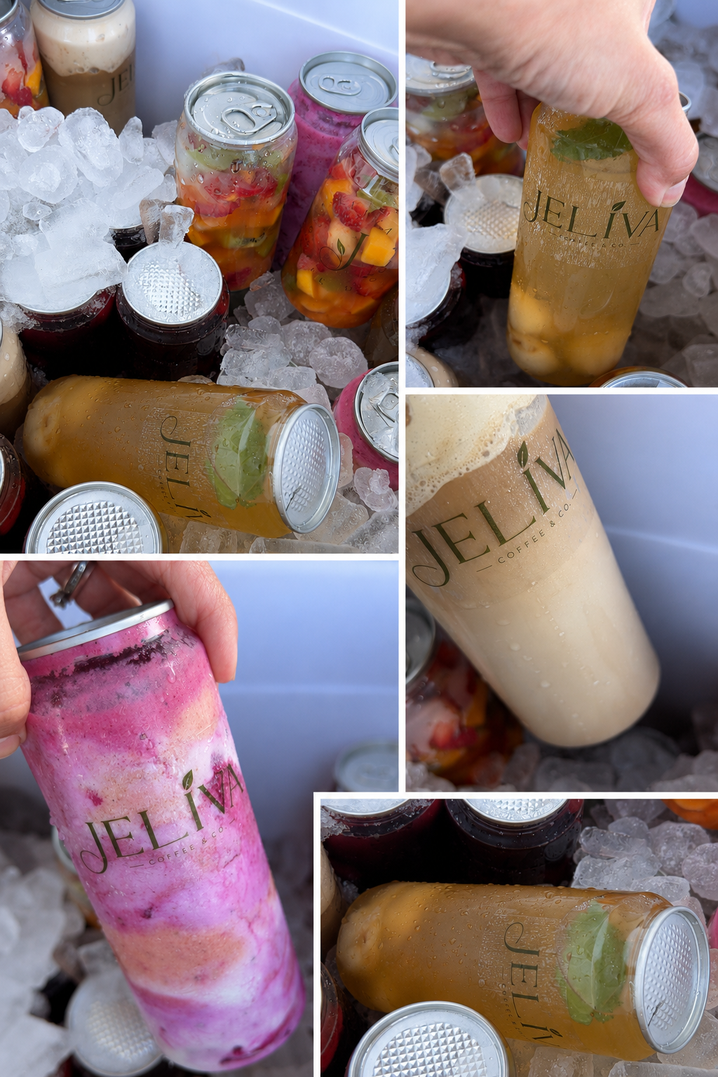 Mixed Jeliva drinks arranged in a collage over ice