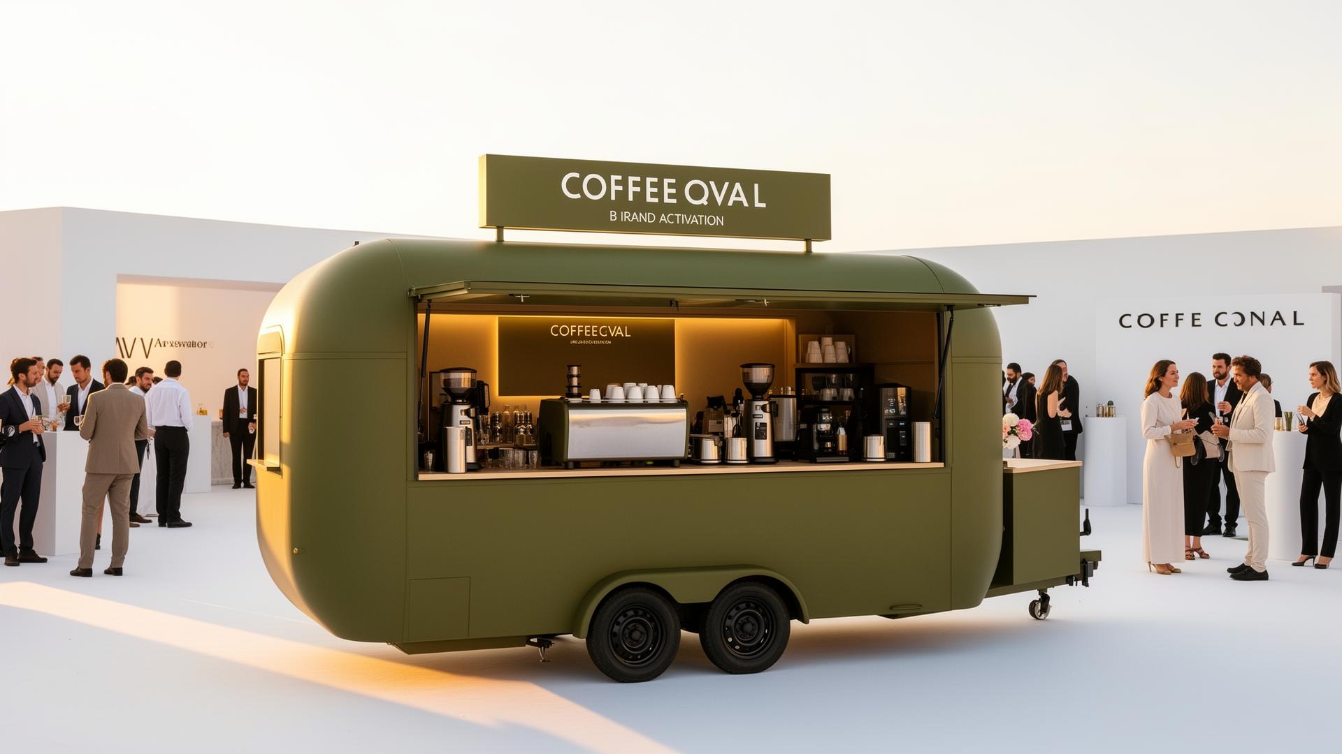 Olive green Jeliva coffee trailer at brand activation