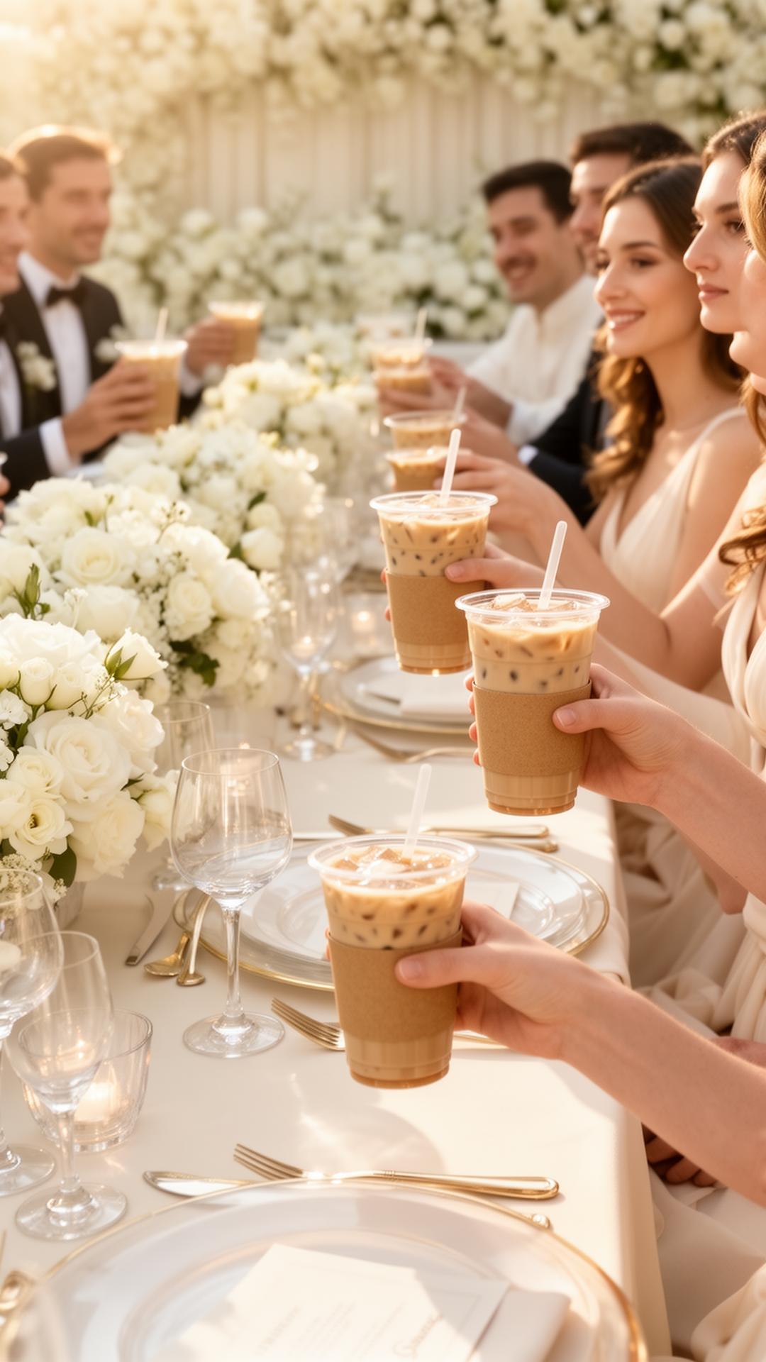 Guests at a luxury wedding holding aesthetic iced drinks